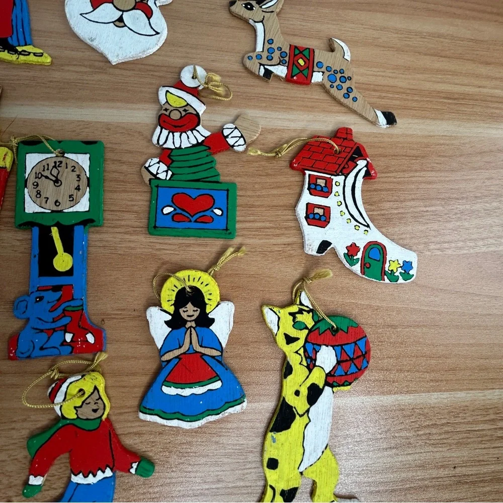 Lot Of 26 Vintage Wooden Christmas Ornaments Hand Painted Double Sided